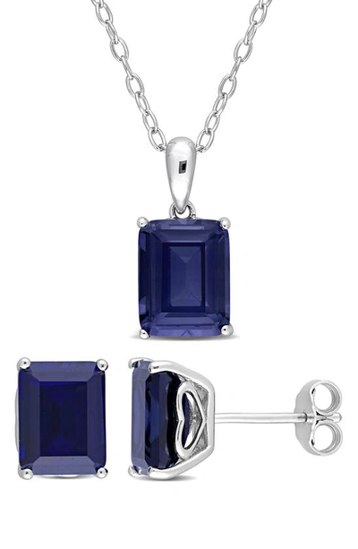 Shop Delmar Emerald Cut Lab Created Sapphire Pendant Necklace & Stud Earrings Set In Blue