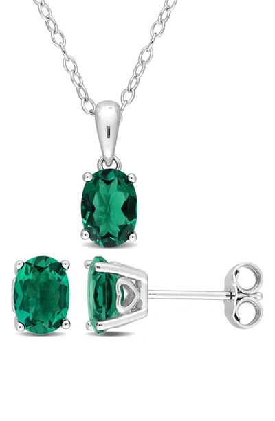 Shop Delmar Sterling Silver Oval Lab Created Emerald Stud Earrings & Necklace Set In Green