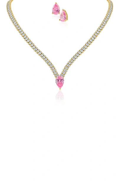Shop Cz By Kenneth Jay Lane Cubic Zirconia Stud Earrings & Tennis Necklace Set In Pink/ Gold