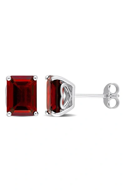 Shop Delmar Sterling Silver Emerald-cut Garnet Stud Earrings In Red