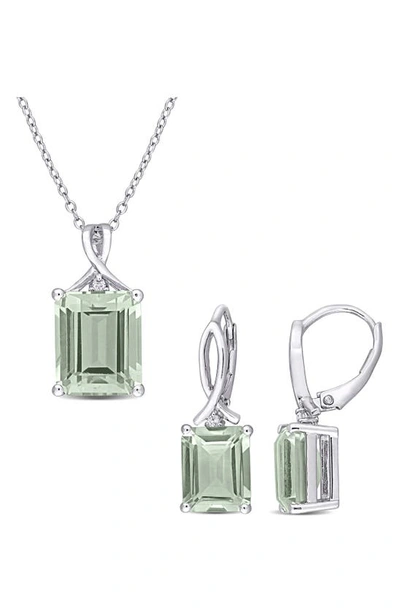 Delmar Sterling Silver Green Quartz & White Topaz Earrings & Necklace Set In Green