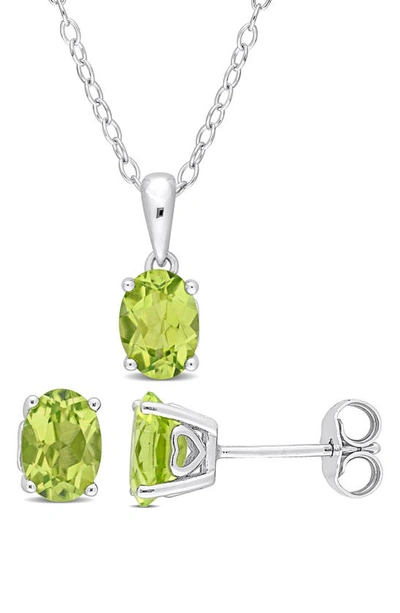 Shop Delmar Sterling Silver Oval Peridot Stud Earrings & Necklace Set In Green