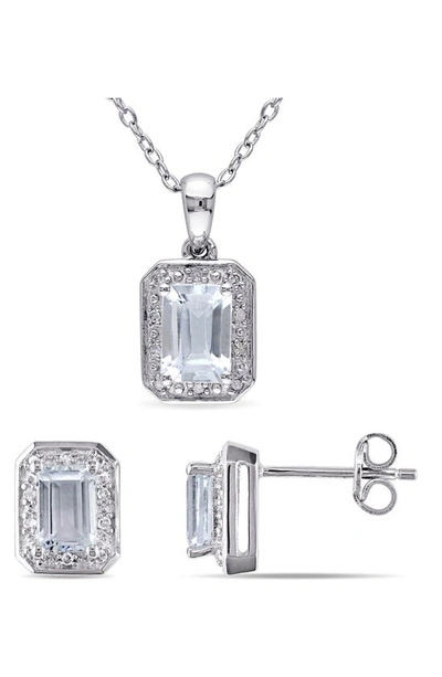 Shop Delmar Sterling Silver Aquamarine & Diamond Halo Earrings & Necklace Set In Blue