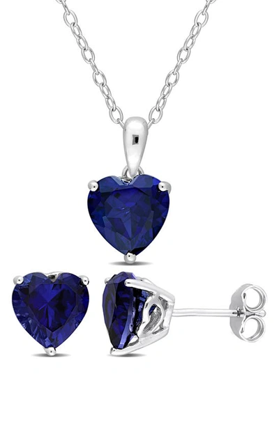 Shop Delmar Heart Cut Lab Created Sapphire Pendant Necklace & Stud Earrings In Blue