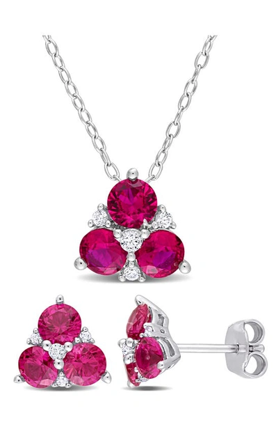 Shop Delmar Sterling Silver Lab Created Ruby & Lab Created White Sapphire Earrings & Necklace Set In Red