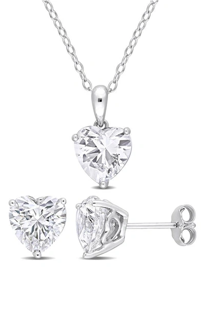 Delmar Sterling Silver Lab Created White Sapphire Heart Stud Earrings & Necklace Set In Silver