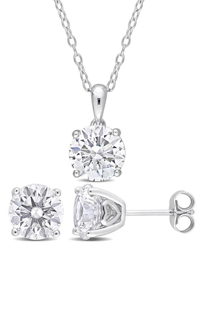 Delmar Sterling Silver Round Lab Created White Sapphire Stud Earrings & Necklace Set In Silver