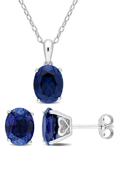 Shop Delmar Oval Created Sapphire Stud Earrings & Necklace Set In Blue