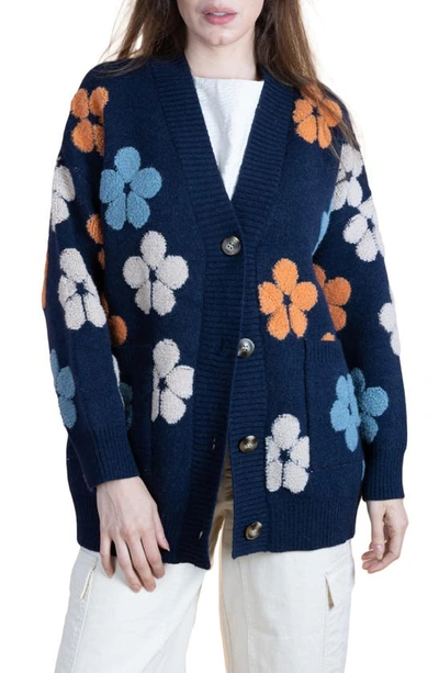 Shop Saachi Floral Print Button Front Cardigan In Navy