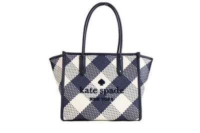 Shop Kate Spade Ella Gingham Blazer Blue Oversized Woven Shoulder Tote Bag Purse