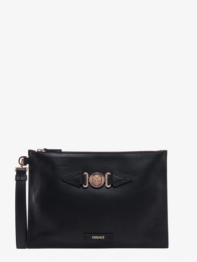 Shop Versace Leather Closure With Zip Clutches In Black