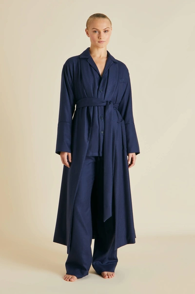 Shop Olivia Von Halle Logan Osaka Navy Robe In Cashmere