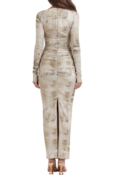 House Of Cb Lanetta Ruched Bateau Neck Long Sleeve Georgette Dress In Sand Print