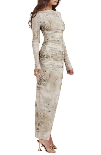 House Of Cb Lanetta Ruched Bateau Neck Long Sleeve Georgette Dress In Sand Print