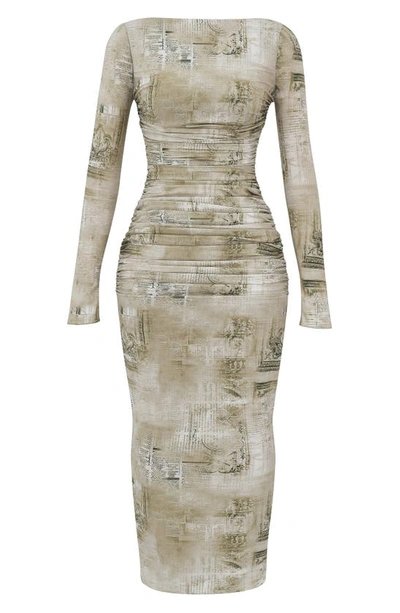 House Of Cb Lanetta Ruched Bateau Neck Long Sleeve Georgette Dress In Sand Print