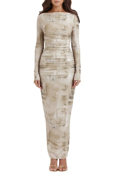 House Of Cb Lanetta Ruched Bateau Neck Long Sleeve Georgette Dress In Sand Print