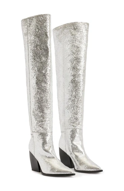 Shop Allsaints Reina Over The Knee Boot In Silver