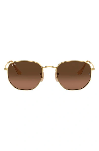 Ray Ban Hexagonal Flat Lenses Sunglasses Gold Frame Brown Lenses 51-21 In Gold