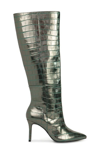 Shop Black Suede Studio Tory Croc Embossed Knee High Boot In Silver Metallic Croc