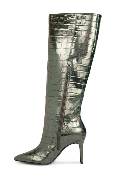 Shop Black Suede Studio Tory Croc Embossed Knee High Boot In Silver Metallic Croc