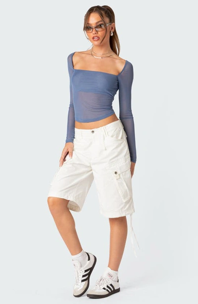 Shop Edikted Marta Semisheer Crop Long Sleeve Mesh Top In Blue