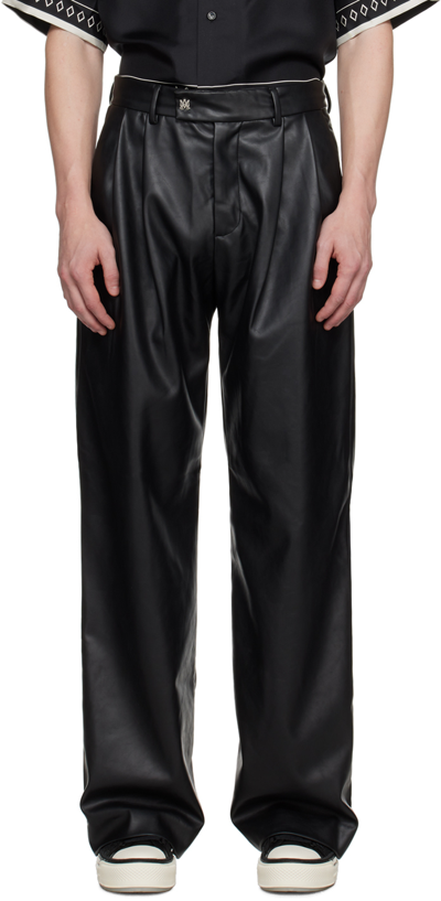 Shop Amiri Black Double Pleat Faux-leather Trousers