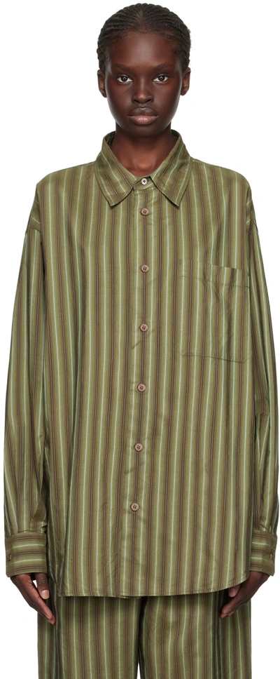 Shop Lemaire Green & White Relaxed Shirt In Mu044 Olive / White