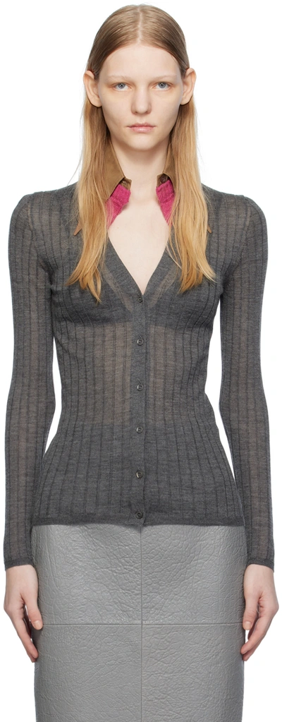 Prada Cashmere And Silk Cardigan With Collar In Grey  Multi