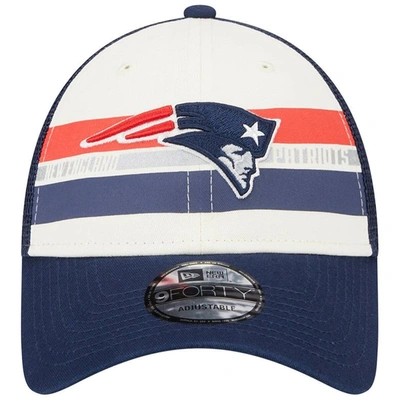 Shop New Era Cream/navy New England Patriots Team Stripe Trucker 9forty Snapback Hat