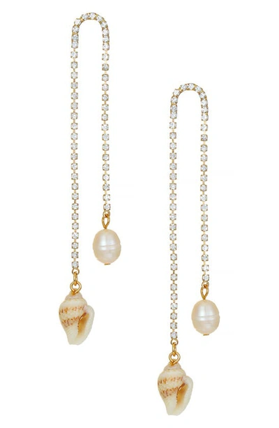 Ettika Shell And Freshwater Pearl Vacation 18k Gold Plated Dangle Earrings In Gold