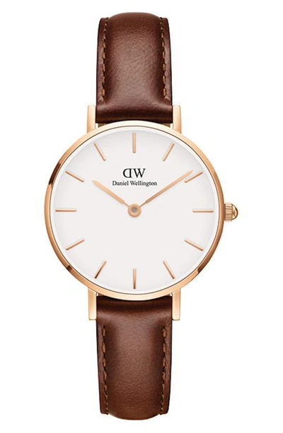 Shop Daniel Wellington Classic Petite Leather Strap Watch, 28mm In Brown/ White/ Rose Gold