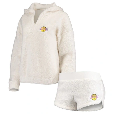 Shop Concepts Sport Cream Los Angeles Lakers Fluffy Long Sleeve Hoodie Top & Shorts Sleep Set