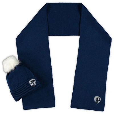 Shop Zoozatz Sporting Kansas City Fuzzy Cuffed Pom Knit Hat And Scarf Set In Navy