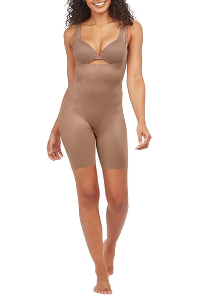 Shop Spanxr Thinstincts® 2.0 Open Bust Mid-thigh Bodysuit In Cafe Au Lait