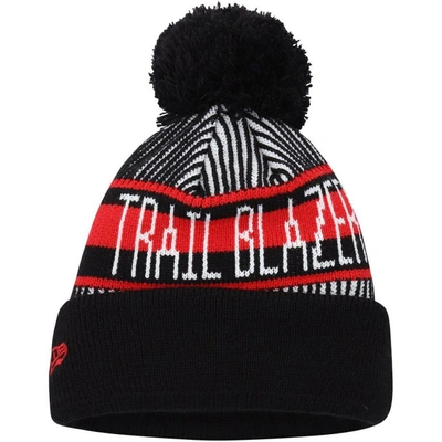 Shop New Era Youth   Black Portland Trail Blazers Stripe Cuffed Knit Hat With Pom