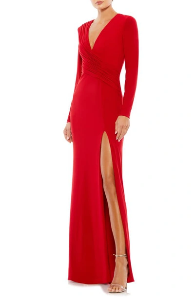 Shop Mac Duggal Ruched Jersey Long Sleeve Column Gown In Red