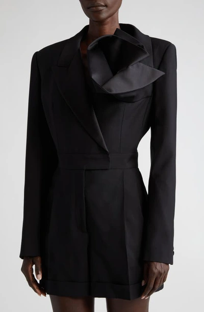 Shop Alexander Mcqueen Floral Detail Long Sleeve Wool Tuxedo Romper In Black
