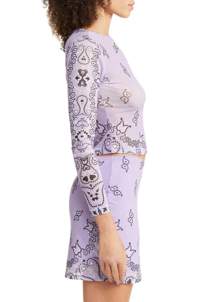 Shop Bella Dona Paisley Mesh Long Sleeve Crop Top In Lavender