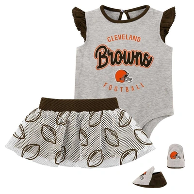 Shop Outerstuff Girls Infant Heather Gray/brown Cleveland Browns All Dolled Up Three-piece Bodysuit, Skirt & Booties