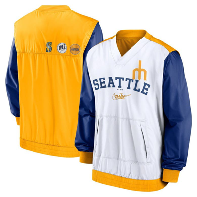 Shop Nike White/gold Seattle Mariners Rewind Warmup V-neck Pullover Jacket