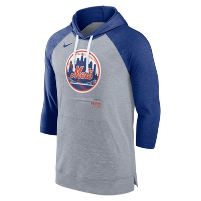 Shop Nike Heather Gray/heather Royal New York Mets Baseball Raglan 3/4-sleeve Pullover Hoodie