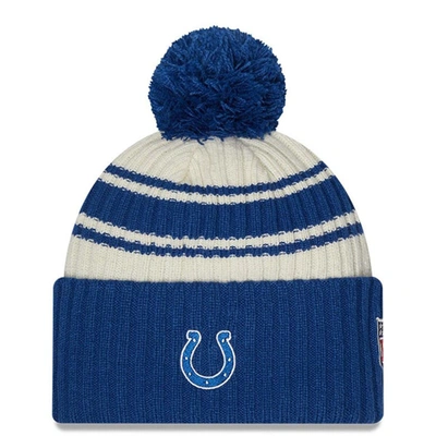 Shop New Era Youth  Cream/royal Indianapolis Colts 2022 Sideline Sport Cuffed Pom Knit Hat
