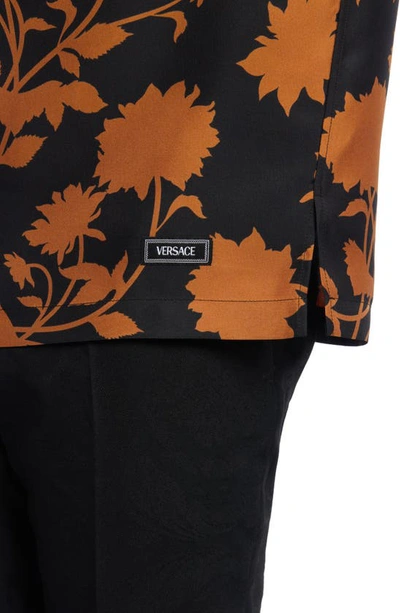 Shop Versace Short Sleeve Silk Twill Button-up Shirt In Black Caramel