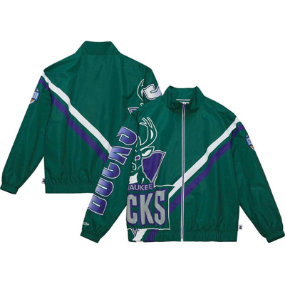 MITCHELL & NESS MITCHELL & NESS HUNTER GREEN MILWAUKEE BUCKS EXPLODED LOGO WARM-UP FULL-ZIP JACKET 