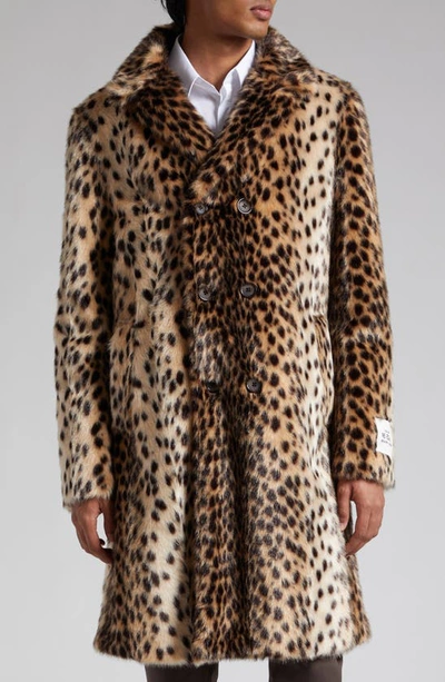 Shop Dolce & Gabbana Lynx Print Double Breasted Faux Fur Coat In Light Brown