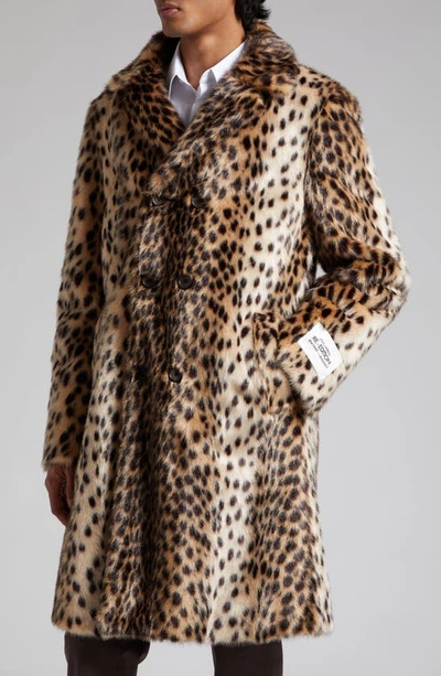 Shop Dolce & Gabbana Lynx Print Double Breasted Faux Fur Coat In Light Brown
