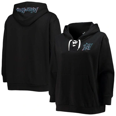Shop Profile Black Miami Marlins Plus Size Lace-up V-neck Pullover Hoodie