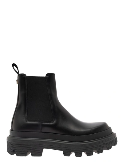 Shop Dolce & Gabbana Black Chelsea Ankle Boots With Chunky Platform With Logo Plaque In Leather Blend Man