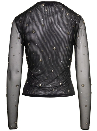 Shop Blumarine Black Semi-sheer Top With All-over Studs In Tulle Woman