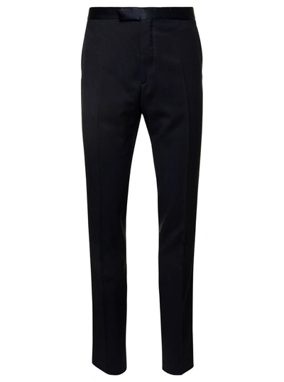 Shop Tagliatore Blue Pants With Satin Waistband And Welt Pockets In Wool Man